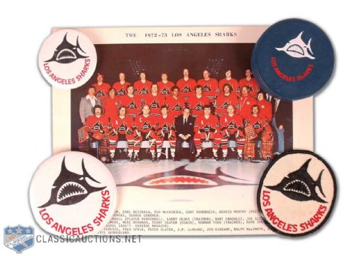 WHA Los Angeles Sharks Memorabilia Collection of 5, Featuring Blue Official Sharks Game Puck and 1972-73 Team Photo