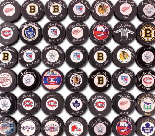 Autographed Puck Collection of 42, Featuring 7 Deceased Members of Hall of Fame - Including Chuck Rayner, Sid Abel and Woody Dumart