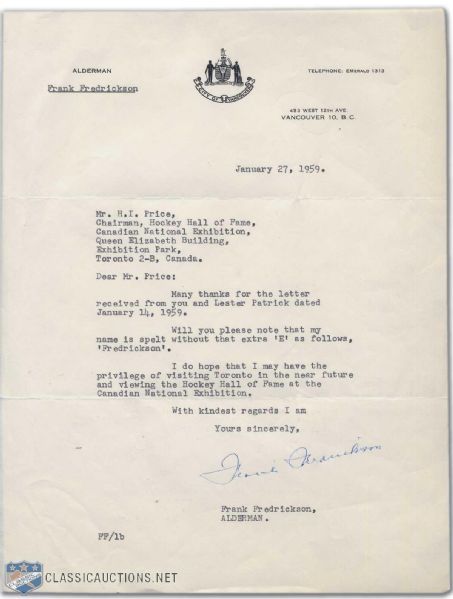 Frank Fredrickson Signed 1959 Letter to Hockey Hall of Fame