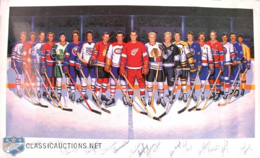 500-Goal Scorers Autographed Lithograph with Howe and Richard (23" x 37")