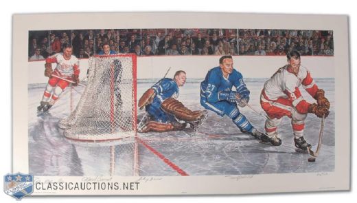 Autographed Red Wings vs. Maple Leafs "Rebound" Print Signed by Mahovlich, Bower, Pronovost and Delvecchio