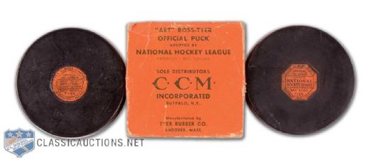 Rare 1940s and 50s Art Ross Tyer Official NHL Game Puck Collection of 2 - Including Mostly Intact Box