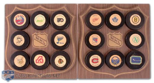 1970s Standard Brands Complete NHL Puck Set of 16 with Displays