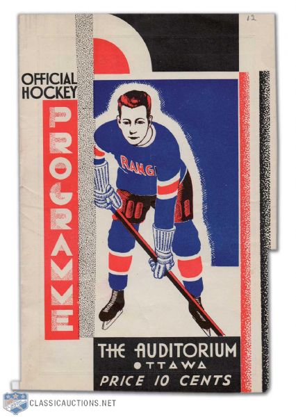 1934 The Auditorium Ottawa Senators vs NY Rangers Program