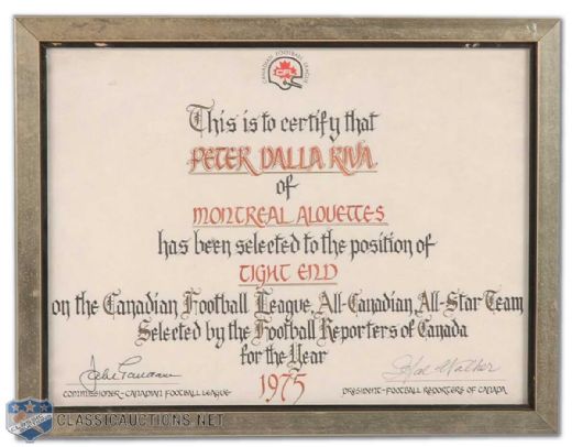 Peter Dalla Rivas 1975 CFL All-Star Team Framed Certificate