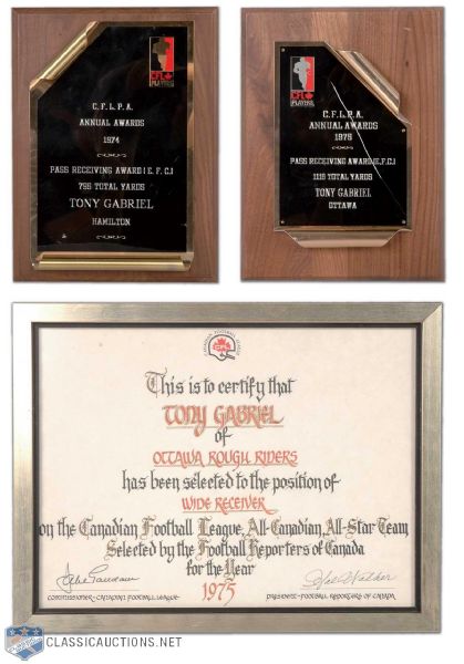 Tony Gabriels 1974 and 1975 CFL Awards Collection of 3