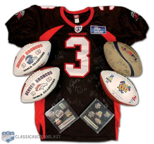 Super Bowl Limited Edition Commemorative Football and Pin Set Collection of 5, Plus Arena Football League Signed Orlando Predators Jersey and Football