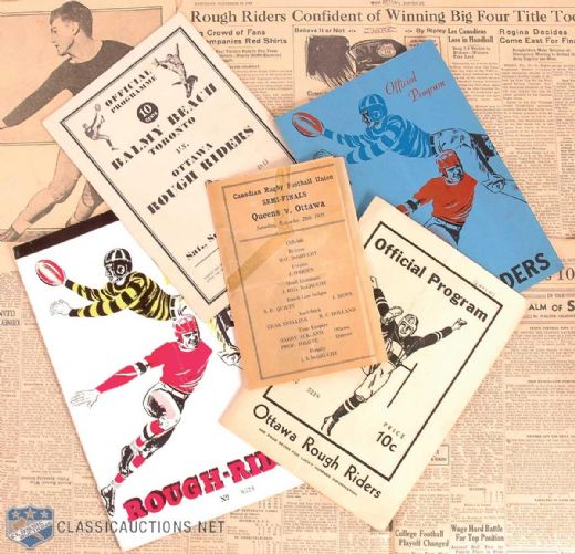 1920s and 1930s Ottawa Rough Riders Program Collection of 5, Plus Vintage Newspaper Clippings