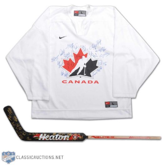 2002 Olympics Gold Medal Team Canada Team Signed Stick and Jersey Collection of 2 Featuring Gretzky, Yzerman & Iginla