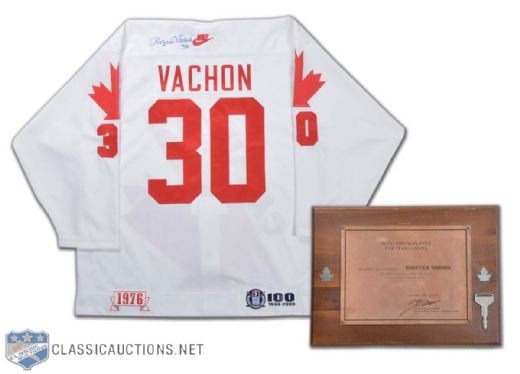 Rogatien Vachons 1976 Team Canada Outstanding Player Plaque & Signed Jersey