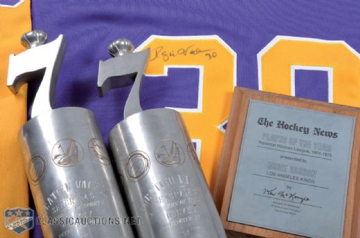Rogatien Vachons Los Angeles Kings Trophy Collection of 3, Including 1974-75 Hockey News NHL Player of the Year Plaque, Plus Signed Kings #30 Jersey