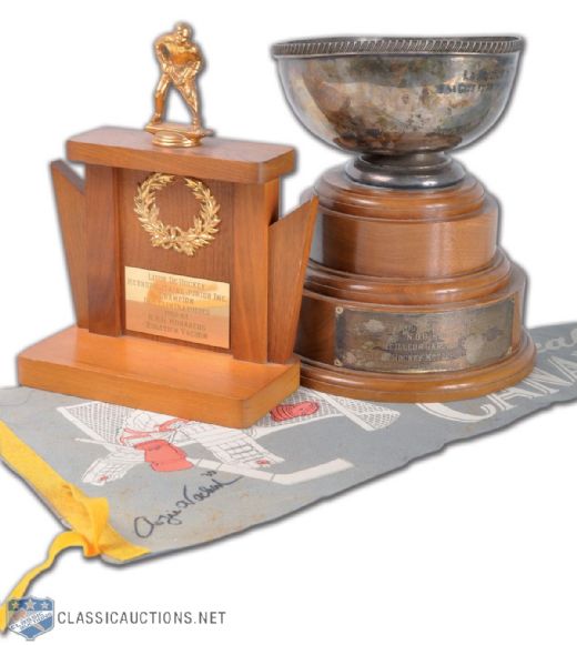 Rogatien Vachons 1963-64 NDG Monarchs Junior Hockey Trophy Collection of 2, Plus Signed Montreal Canadiens Pennant