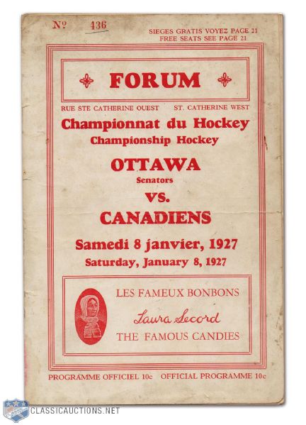 Rare 1927 Montreal Forum Program From January 8th Canadiens vs. Ottawa Senators Game