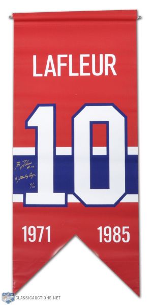 Jean Beliveau & Guy Lafleur Signed Montreal Canadiens Jersey Number Retirement Banner Collection of 2 (47" x 21")