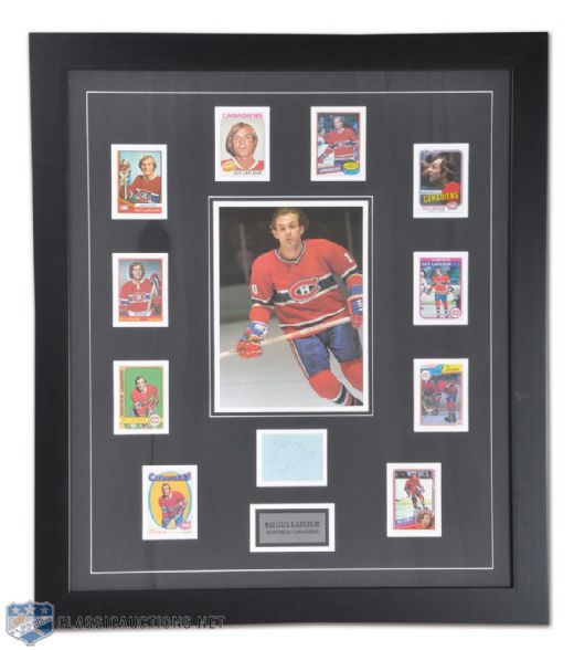 Montreal Canadiens Guy Lafleur Autographed Framed Montage with Hockey Cards (28" x 32")