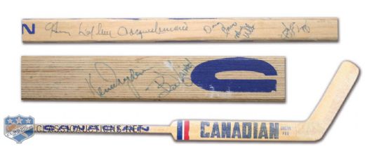 Ken Drydens 1976-77 Montreal Canadiens Team Signed Goalie Stick Plus Jersey Retirement Night Memorabilia Collection of 3