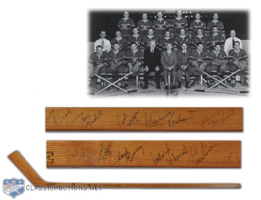 1951-52 Montreal Canadiens Team-Signed Stick Autographed by 19 Including Deceased HOFers Irvin, Richard, Geoffrion, Harvey & Johnson