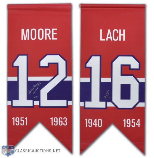 Elmer Lach & Dickie Moore Signed Montreal Canadiens Jersey Number Retirement Banner Collection of 2 (47" x 21")