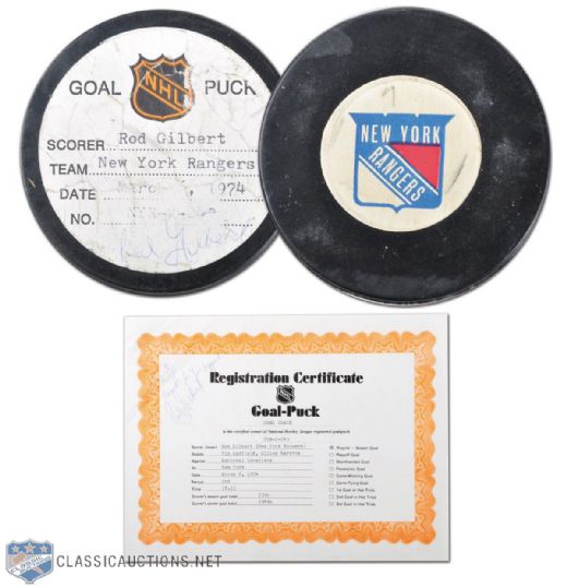 1974 Rod Gilbert Signed Goal Puck from NHL Goal-Puck Program & With Signed Original NHL Goal-Puck Program Certificate!