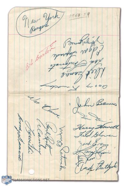 1953-54 New York Rangers Team-Signed Sheet, Including Rookie Johnny Bower