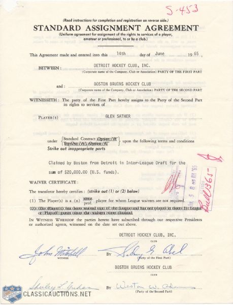 1965-66 Glen Sather-Signed NHL Contract & Document Signed by Deceased HOFers Weston Adams and Sid Abel