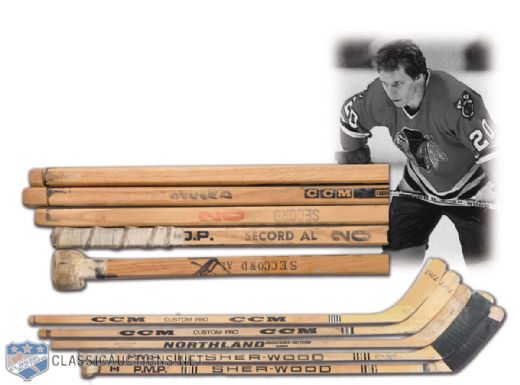 Al Secord Chicago Black Hawks Game-Used & Pattern Stick Collection of 5