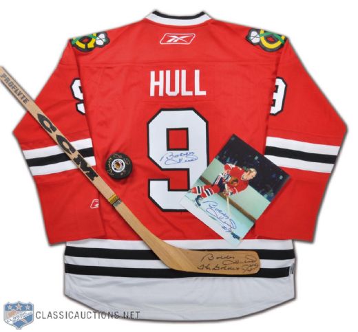 Bobby Hull Autographed Memorabilia Collection of 4, Including Signed Chicago Black Hawks Jersey, Stick, Puck and Photo