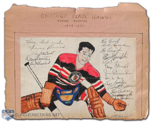1949-50 Chicago Black Hawks Signed Album Page with Original Art by Carleton McDiarmid