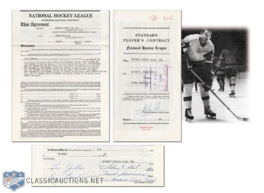 1968-69 Frank Mahovlich Detroit Red Wings NHL Contract Signed by Mahovlich, Abel & Campbell