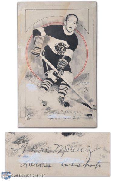 1935 Howie Morenz Chicago Black Hawks Pen & Ink Drawing Signed by Morenz and Chabot