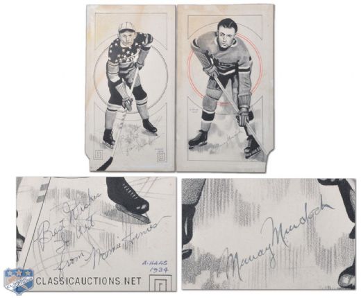 1934-35 Murray Murdoch NY Rangers & Normie Himes NY Americans Autographed Pen & Ink Drawings