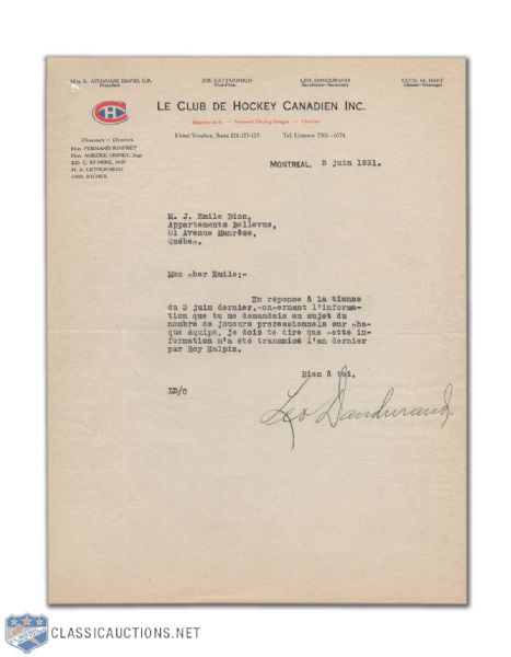 1931 Leo Dandurand Montreal Canadiens Autographed Letter