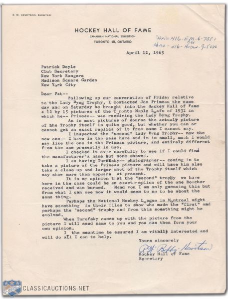 Deceased HOFer Bobby Hewitson Signed 1965 Letter