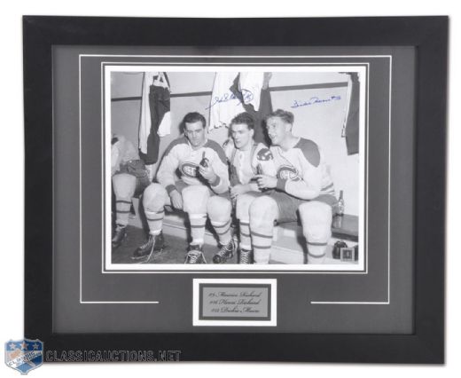 Henri Richard & Dickie Moore Signed Framed  11" x 14" Photo with Maurice Richard (19" x 23")