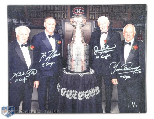 Montreal Canadiens "36 Stanley Cups x 4" Signed Canvas Autographed By Henri Richard, Guy Lafleur, Jean Beliveau & Yvan Cournoyer (16" x 20")