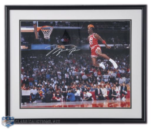 Michael Jordan UDA Collection of 4 Signed Framed Photos, Including "Free Throw Dunk" 16" x 20" Photo (21 ½” x 25 ½”), & “University of North Carolina”, “Running” and “Wizards” 10” x 8” Photos