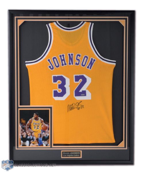 Magic Johnson, Los Angeles Lakers Signed Framed Jersey (41 1/2" x 33 1/2")
