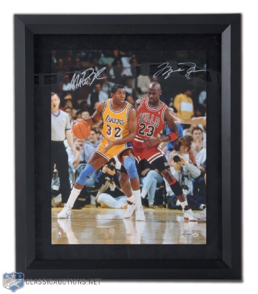 Magic Johnson & Michael Jordan Dual Signed UDA 20" x 16" Framed Photo (27 1/2" x 23 1/2")