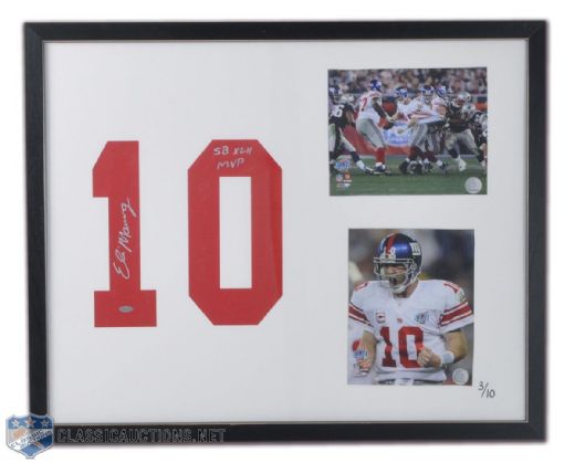 Eli Manning Signed Collection of 3 Including New York Giants #10 Jersey With Super Bowl XLII Patch, 16" x 20" Manning & Giants Stadium Tunnel Photo & Limited Edtion 26" x 32" Framed Montage #3/10