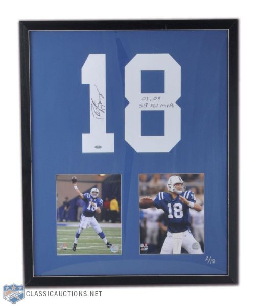 Peyton Manning Signed Collection of 3, Including PSA/DNA "2004 MVP ? 49 TDs" Wilson NFL Football, UDA Wilson NFL Football, and 32" x 26" Framed Montage