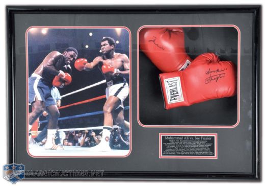 Muhammad Ali vs. Joe Frazier Signed Boxing Glove Collection of 2 Framed Display (26 1/2" x 38 1/2" x 7 1/4")
