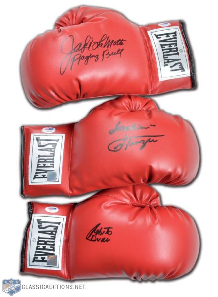 Boxing Greats PSA/DNA Signed Glove Collection of 3, Featuring Jake "Raging Bull" LaMotta, Roberto Duran & Joe Frazier