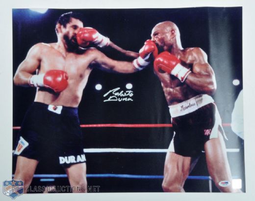 Boxing Greats Signed PSA/DNA 16" x 20" Photo Collection of 4, Featuring Sugar Ray Leonard, Roberto Duran, Ken Norton & Lennox Lewis