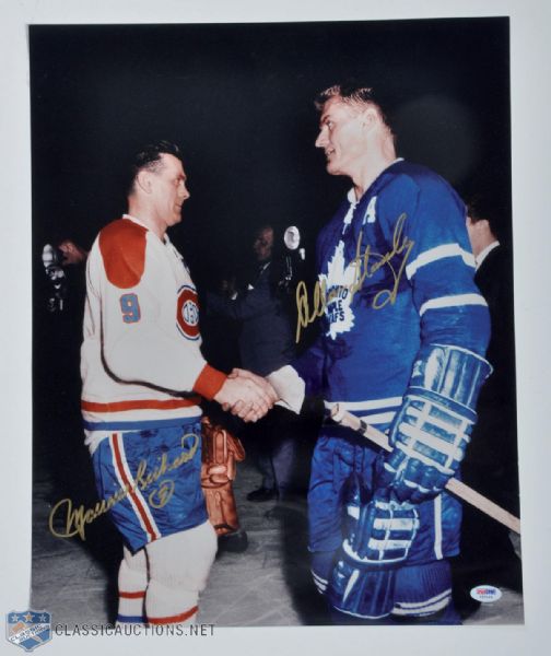 NHL Greats Signed Photo Lot of 4, Including Bobby Orr PSA/DNA "The Goal" 16" x 20" Photo, Maurice "Rocket" Richard & Allan Stanley PSA/DNA "Handshake" 16" x 20" Photo, and Evgeni Malkin Framed Photo C