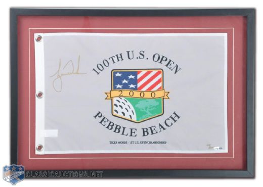 Tiger Woods Signed UDA Limited Edition Lot of 2, Including Framed 2000 U.S. Open Pin Flag #102/500 & "Tiger Roars" 30" x 40" Litho on Canvas #161/175