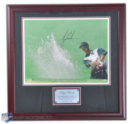 Tiger Woods Signed UDA Limited Edition Lot of 3, Including "Sand Trap" Framed 16" x 20" Photo #5/500, "2008 U.S. Open Champion" Framed 8" x 10" Photo #92/100, & "Tiger Roars" 30" x 40" Litho on Canvas