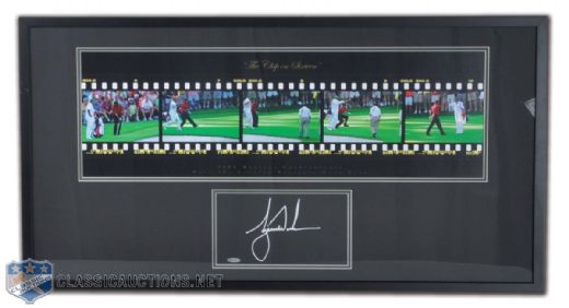 Tiger Woods Signed UDA Lot of 3, Including Framed 2005 Masters "The Chip on Sixteen" 10" x 30" Filmstrip Photo (21" x 39 1/2"), Limited Edition "2008 U.S. Open Champion" Framed 8" x 10" Photo #91/100 