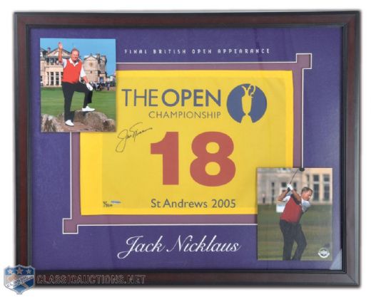 Jack Nicklaus Signed UDA Limited Edition Framed 2005 British Open Pin Flag With 2 Photos #3/500 (25" x 35")