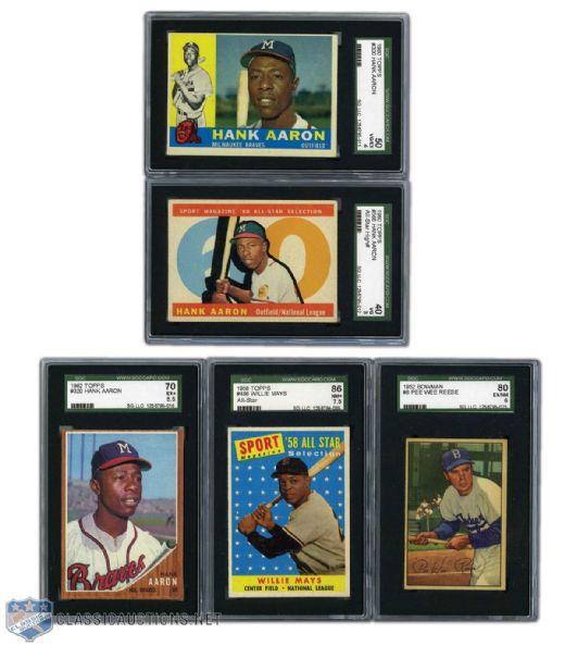 Willie Mays, Hank Aaron & Pee Wee Reese Graded Card Collection of 5