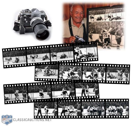 Denis Brodeurs 1972 Summit Series Paul Hendersons "The Goal" Negative Collection of 17, Including Copyrights, Plus The Nikon Camera Used by Brodeur in Moscow